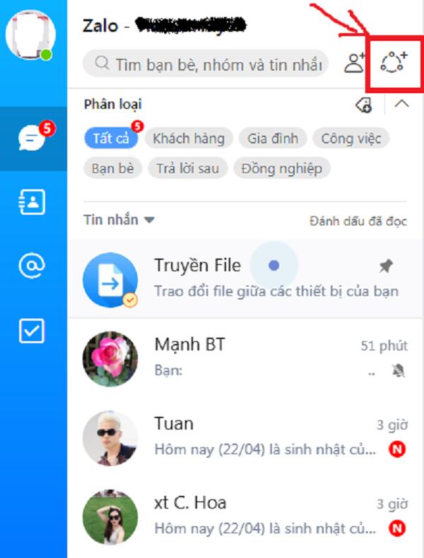 Tạo Group Zalo nhấn vào biểu tượng hình tròn