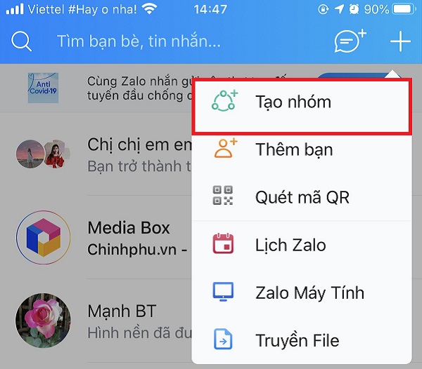 Click vào mục tạo nhóm