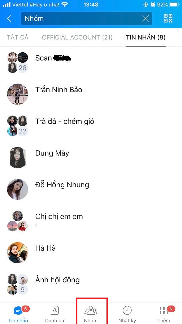 Mở group chat Zalo rồi chọn mục Nhóm