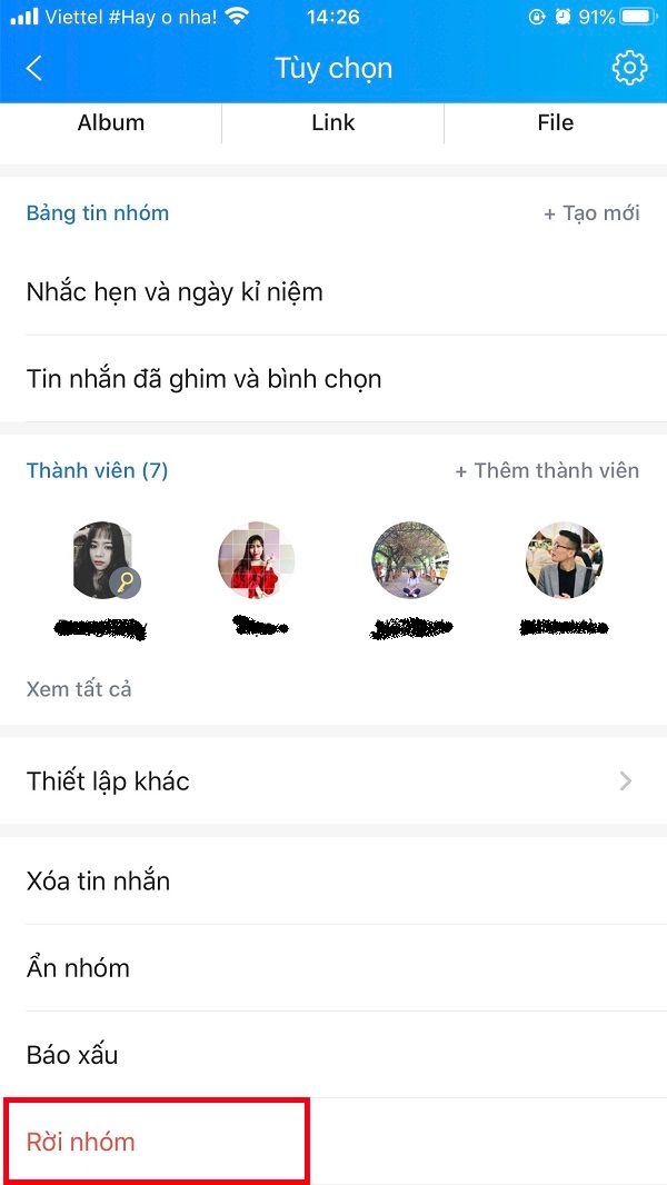 Xóa group chat Zalo chọn rời nhóm