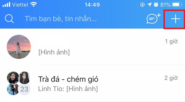 Tạo group chat Zalo nhấn vào biểu tượng dấu cộng