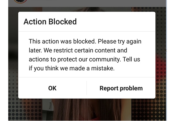 Thông báo lỗi bị chặn hàng động trên instagram