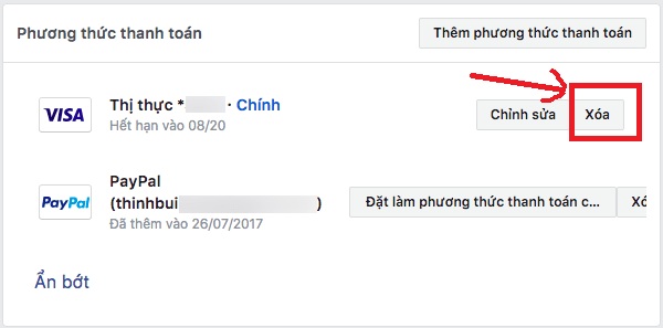 xóa phương thức thanh toán quảng cáo instagram