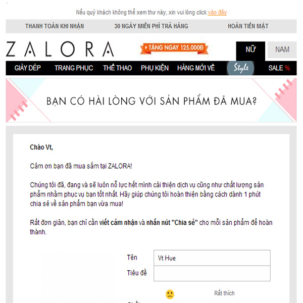 Mail marketing của ZALORA cảm ơn khách hàng