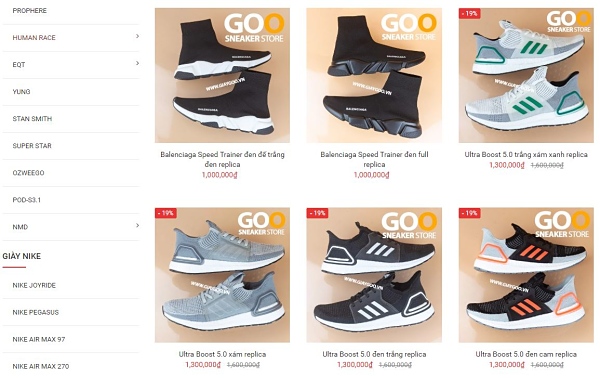 Các mẫu giày trên trang web của Goo Store