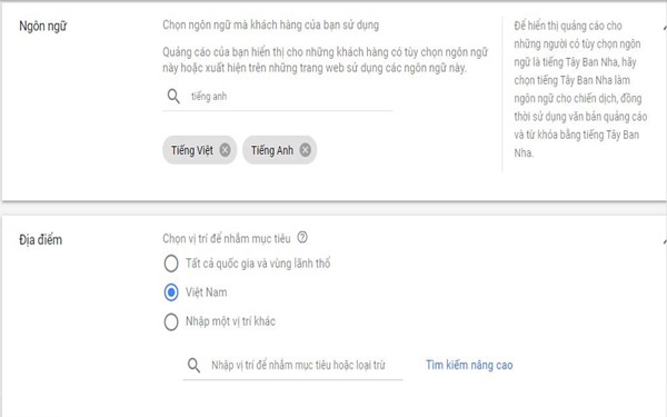 Ngôn ngữ & Địa điểm trong quảng cáo youtube trên google ads