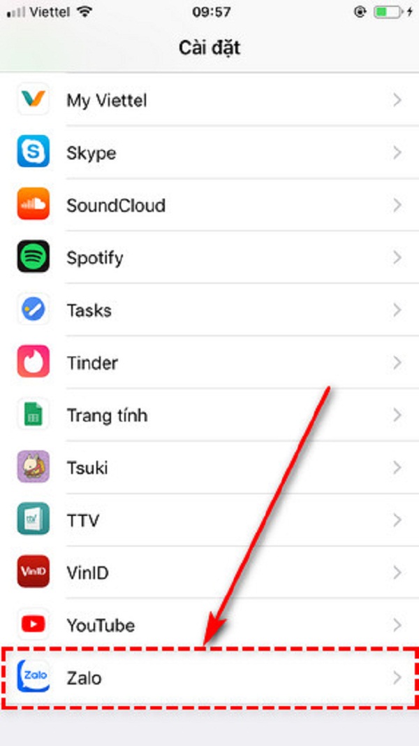 Tìm ứng dụng Zalo để mở trong phần cài đặt