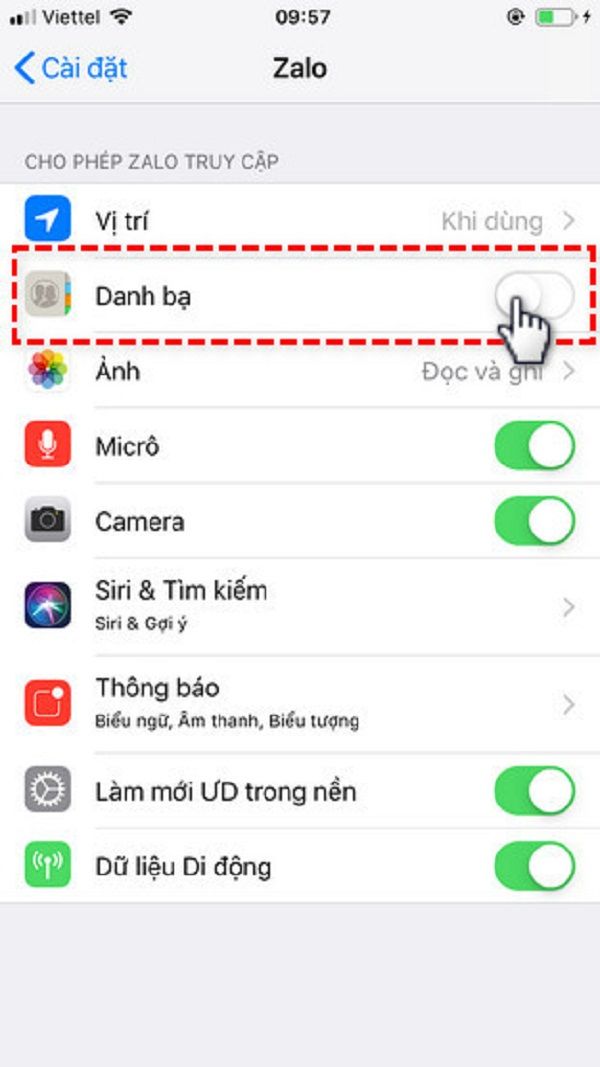 Gạt tắt cho phép Zalo truy cập vào danh bạ