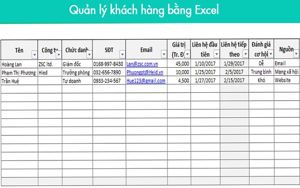 Quản lý thông tin khách hàng bằng Excel 