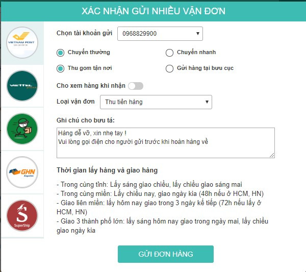 Màn hình xác nhận đẩy vận đơn