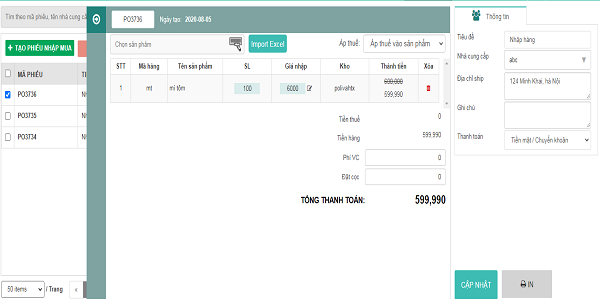 Phiếu nhập hàng trên Abit