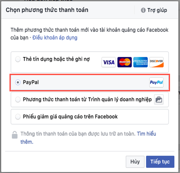 Thêm phương thức thanh toán Facebook bằng PayPal