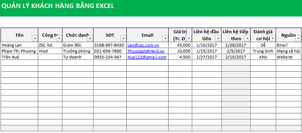 File excel quản lý khách hàng