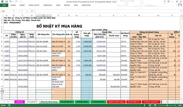 File Excel ghi chi tiết giao dịch bán hàng và công nợ phát sinh